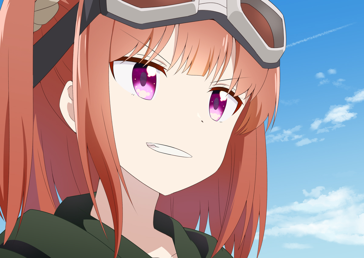 1girl blue_sky cloud commentary_request day derivative_work goggles goggles_on_head grin hood hood_down hoshikuzu_telepath long_hair orange_hair outdoors portrait purple_eyes raimon_matataki sky smile solo v-shaped_eyebrows yutsuki_warabi
