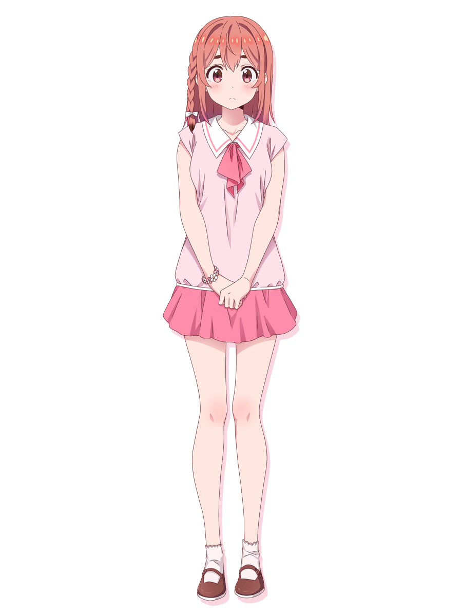 1girl bare_legs bracelet braid closed_mouth collarbone drop_shadow flower_bracelet full_body highres jewelry kanojo_okarishimasu light_blush looking_at_viewer medium_hair miniskirt official_art pink_eyes pink_hair pink_shirt pink_skirt red_shoes sakurasawa_sumi shirt shoes short_sleeves side_braid simple_background skirt socks solo standing straight-on tachi-e transparent_background v_arms white_socks