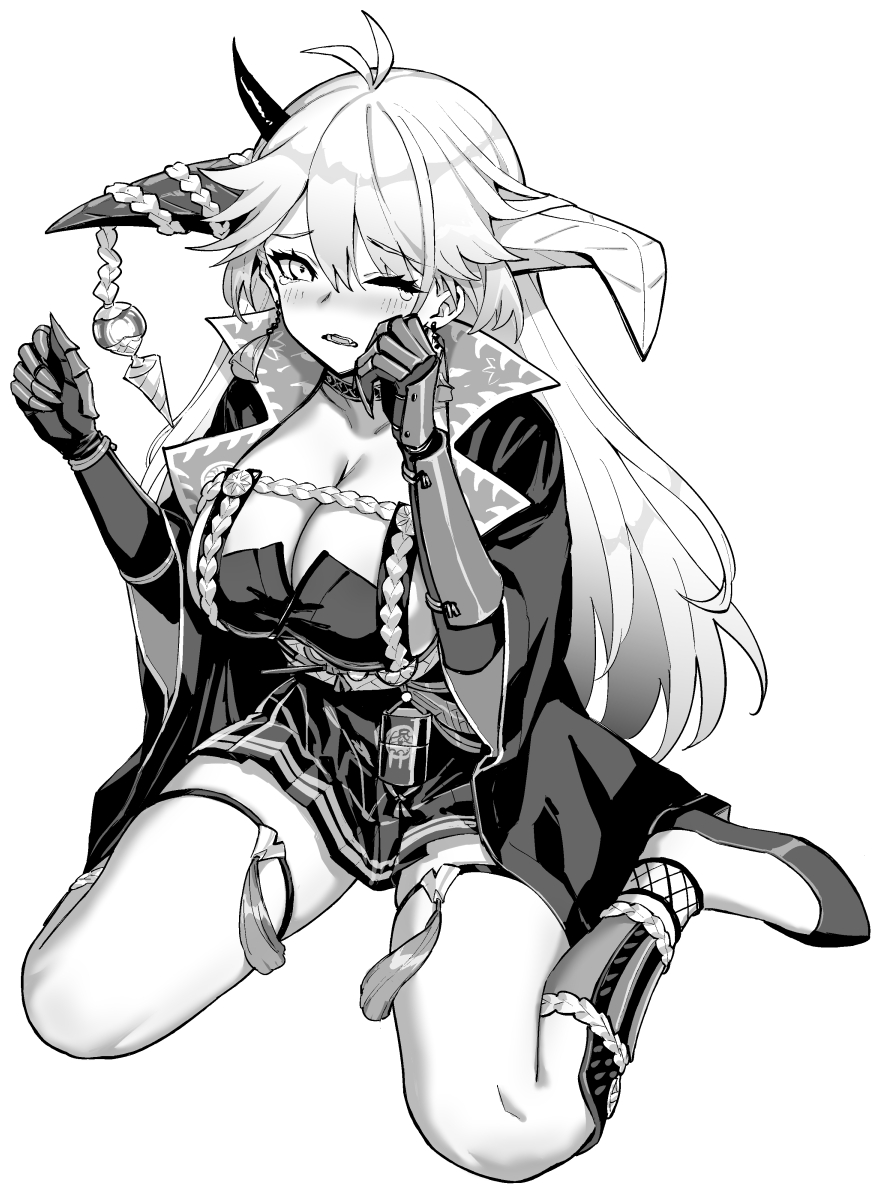 1girl antenna_hair armor asymmetrical_horns azur_lane azur_lane:_slow_ahead blush breasts chrysanthemum cleavage crying dress flower full_body gloves greaves greyscale hakuryuu_(azur_lane) hands_up hori_(hori_no_su) horns japanese_armor large_breasts long_hair miniskirt mismatched_horns monochrome one_eye_closed pleated_dress shoes simple_background sitting skirt solo suneate tears thigh_strap wariza white_background
