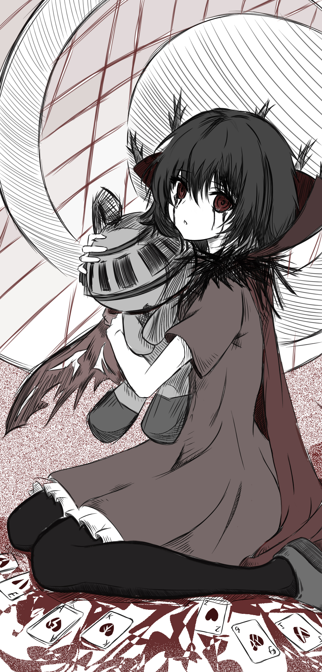 1boy 1girl black_hair black_souls black_souls_2 cape card character_doll doll dress frills from_side grimm_(black_souls) highres holding holding_doll looking_at_viewer lorina_(black_souls) makeup parted_lips playing_card red_cape red_dress red_eyes runny_makeup scrapiron2800 short_hair short_sleeves thighhighs