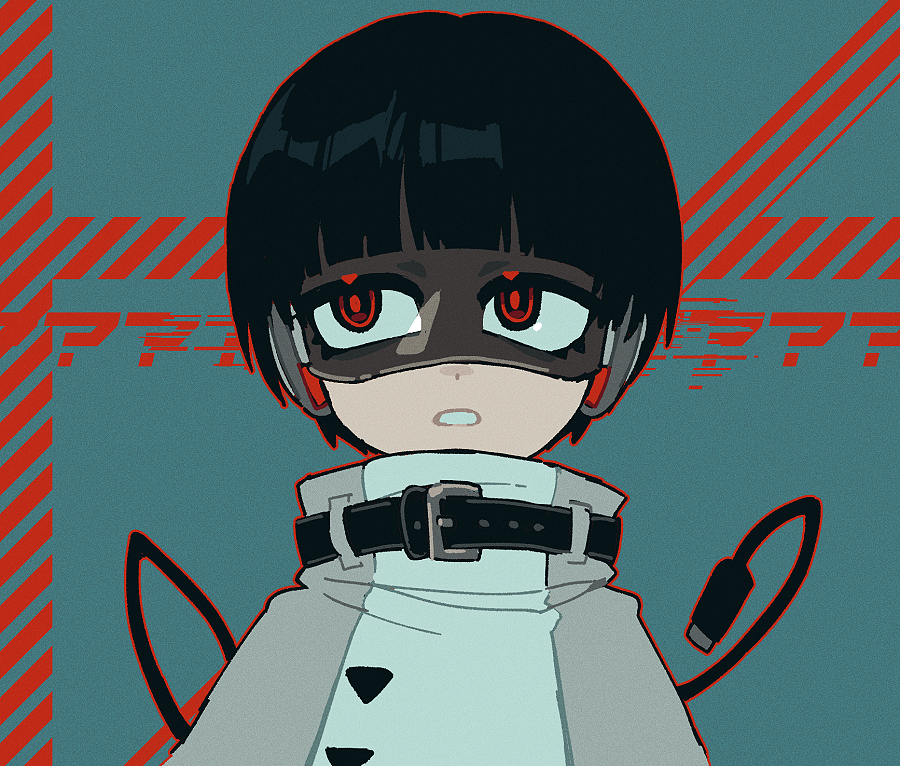 1boy belt black_belt black_hair blue_background bob_cut buttons carbuncly commentary english_commentary expressionless headphones jacket looking_to_the_side male_focus original outline red_eyes red_outline robot_boy short_hair solo teeth turtleneck turtleneck_jacket upper_body usb_tail very_short_hair white_jacket