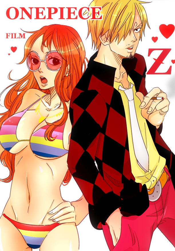 1boy 1girl bikini blonde_hair cigarette commentary_request copyright_name cowboy_shot curly_eyebrows earrings facial_hair goatee hair_over_one_eye hand_in_pocket hand_on_own_hip holding holding_cigarette jacket jewelry long_hair multicolored_bikini nami_(one_piece) necklace necktie one_piece one_piece_film:_z open_mouth orange_hair pearl_earrings sanji_(one_piece) shirt short_hair simple_background swimsuit wasao37 white_background white_necktie yellow_shirt