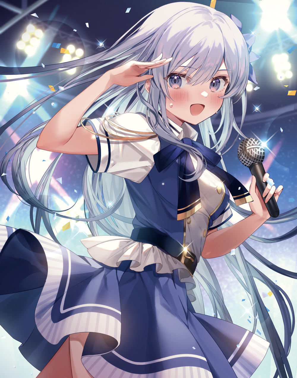1girl :d arm_up blue_bow blue_skirt blurry blurry_background blush bow breasts confetti depth_of_field frills grey_eyes hair_between_eyes hair_ornament hand_up highres holding holding_microphone idol idol_clothes kanda_done looking_at_viewer looking_to_the_side medium_breasts microphone mizuki_rinka netoge_no_yome_ga_ninki_idol_datta open_mouth puffy_short_sleeves puffy_sleeves shirt short_sleeves skirt smile solo white_hair white_shirt