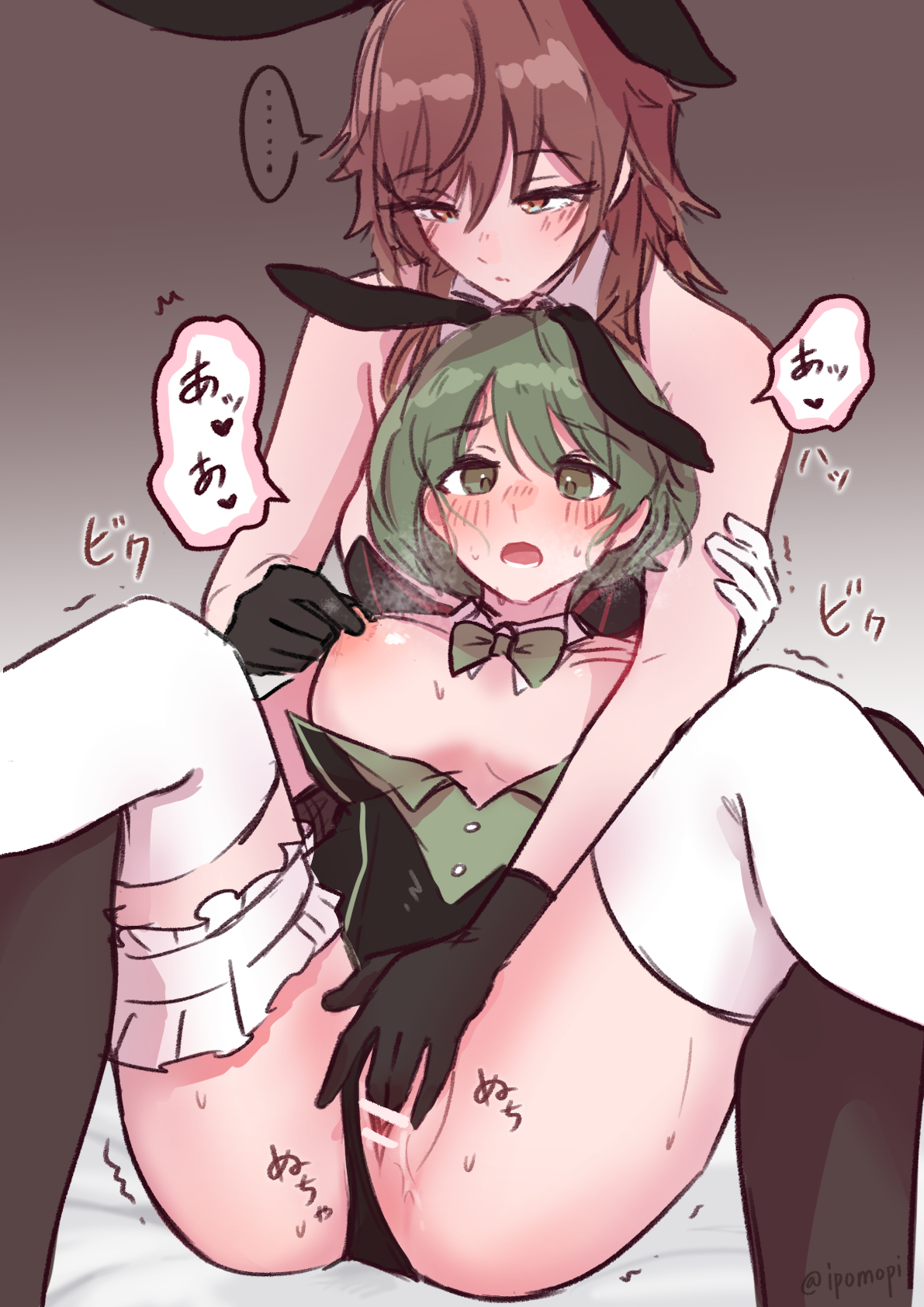 2girls aketa_mikoto animal_ear_hairband animal_ears bar_censor bare_arms black_gloves black_leotard blush breasts breasts_out breath brown_background brown_hair censored clothing_aside fake_animal_ears fingering gloves gradient_background green_eyes green_hair hairband highres idolmaster idolmaster_shiny_colors ipomopi large_breasts leotard leotard_aside long_hair multiple_girls nanakusa_nichika nipple_stimulation nipple_tweak nipples open_mouth playboy_bunny pussy pussy_juice rabbit_ears red_eyes spread_legs strapless strapless_leotard sweat thigh_strap thighhighs translation_request vaginal white_background white_gloves white_thighhighs yuri