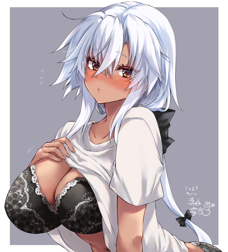 1girl alternate_costume black_bra black_panties blush border bra breasts brown_eyes clothes_lift dark-skinned_female dark_skin dated glasses gradient_nails grey-framed_eyewear grey_background grey_hair hair_between_eyes kantai_collection large_breasts long_hair looking_at_viewer mashiro_yukiya musashi_(kancolle) musashi_kai_ni_(kancolle) panties rectangular_eyewear shirt_lift smile solo twintails underwear upper_body very_long_hair white_border
