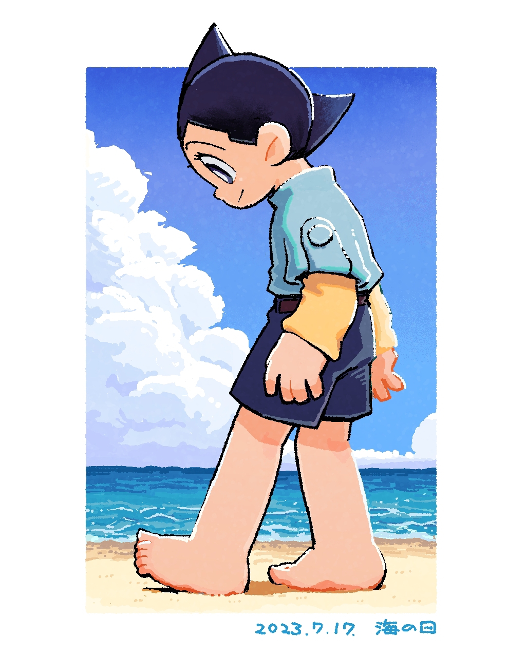 1boy atom_(tetsuwan_atom) barefoot black_eyes black_hair black_shorts blue_shirt blue_sky cloud commentary_request dated from_side full_body highres layered_sleeves long_sleeves looking_down male_focus marias_(harako) ocean shirt shore short_over_long_sleeves short_sleeves shorts signature sky solo tetsuwan_atom