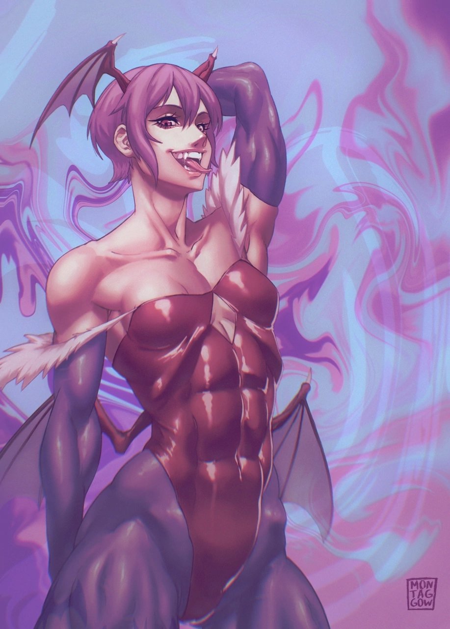 1girl animal_print armpits bare_shoulders bat_print bat_wings breasts bridal_gauntlets darkstalkers demon_girl fang head_wings highleg highres leotard lilith_(darkstalkers) looking_at_viewer multiple_girls pantyhose print_pantyhose purple_hair red_eyes red_leotard short_hair small_breasts smile solo tongue tongue_out wings yozamontag