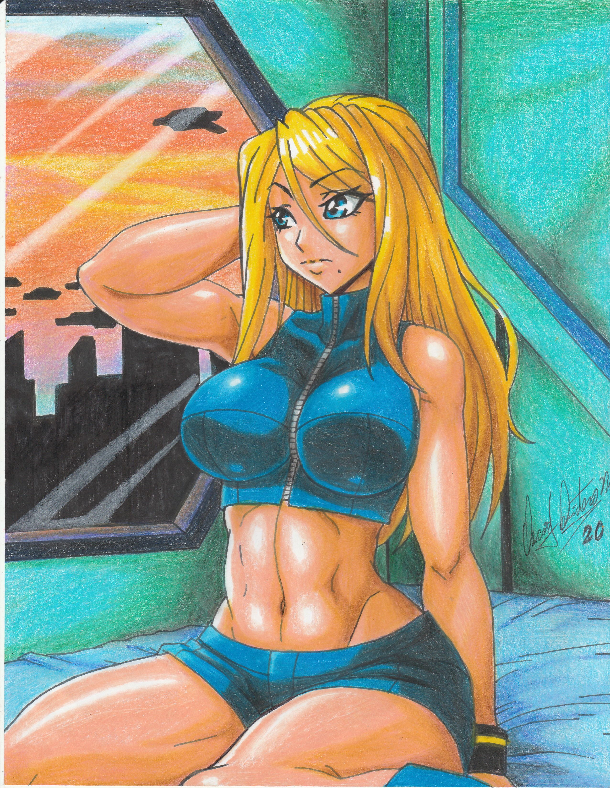 1girl 2020 absurdres arm_up artist_name bare_shoulders blonde_hair blue_boots blue_eyes blue_shorts boots breasts building crop_top female_focus hair_between_eyes hand_on_own_head highres impossible_clothes indoors large_breasts long_bangs long_hair looking_to_the_side metroid midriff mole mole_under_mouth navel nintendo ravernclouk_design samus_aran bed_sheet short_shorts shorts sleeveless solo sunset thighs traditional_media turtleneck turtleneck_crop_top window wristband