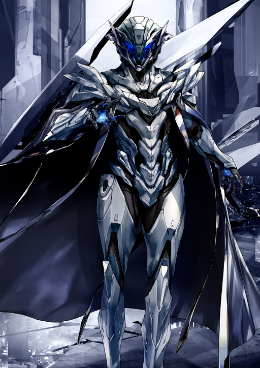 1boy aigis_(fate) armor armored_bodysuit black_bodysuit bodysuit cape covered_face fate/grand_order fate_(series) feet_out_of_frame game_cg grey_background grey_cape hand_up male_focus odysseus_(fate) official_art redjuice solo standing third-party_source variant_set white_armor