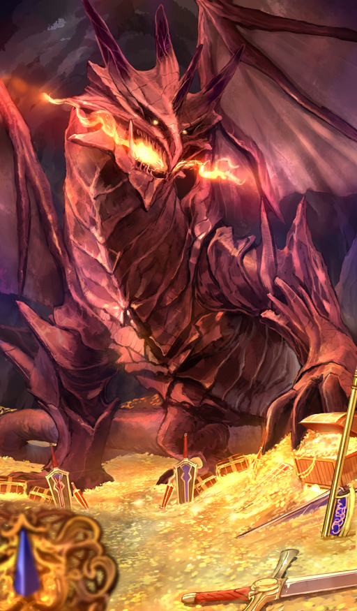axe coin commentary creature creature_focus dragon fate/grand_order fate_(series) fire gold lasengle no_humans official_art red_theme sword third-party_source treasure treasure_chest weapon western_dragon