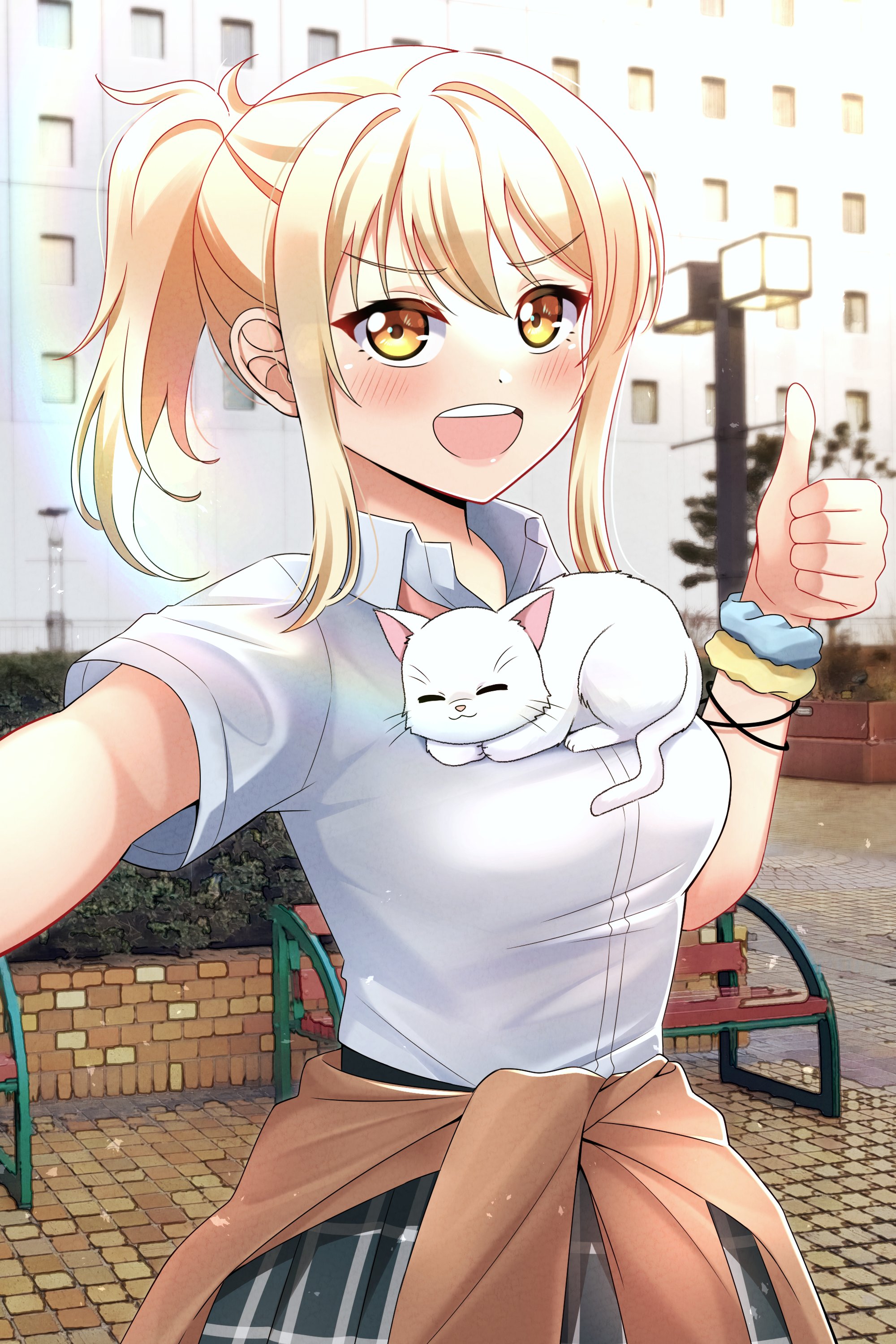 1girl :3 :d absurdres blonde_hair blue_shirt blue_skirt breasts brown_cardigan cardigan cardigan_around_waist cat cat_on_chest closed_mouth clothes_around_waist collared_shirt commentary dress_shirt hair_intakes hanpen_(love_live!) highres looking_at_viewer love_live! love_live!_nijigasaki_high_school_idol_club medium_breasts medium_hair miniskirt miyashita_ai neck_ribbon nijigasaki_school_uniform open_mouth orange_eyes outdoors photo_background pink_ribbon plaid_clothes plaid_skirt pleated_skirt ponytail ribbon school_uniform selfie shirt sidelocks ska.harumi skirt smile summer_uniform teeth thumbs_up upper_body upper_teeth_only white_cat