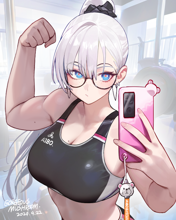 1girl black_sports_bra blue_eyes breasts cellphone_charm charm_(object) cleavage closed_mouth commentary_request dated flexing freckles glasses gorgeous_mushroom gym holding holding_phone indoors large_breasts long_hair looking_at_viewer mole mole_on_breast original phone pink_pupils ponytail signature solo sports_bra toned toned_female upper_body very_long_hair white_hair
