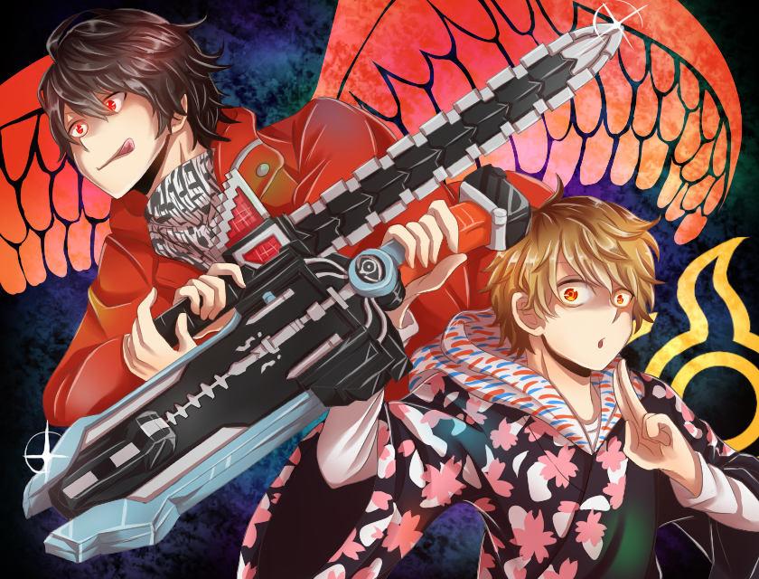 2boys :q animification bad_id bad_pixiv_id doubutsu_sentai_zyuohger eagle_riser holding holding_sword holding_weapon kamen_rider kamen_rider_ghost_(series) kazakiri_yamato long_sleeves multiple_boys red_eyes rei_(k-meteor-0427) super_sentai sword tenkuuji_takeru tongue tongue_out weapon whip_sword
