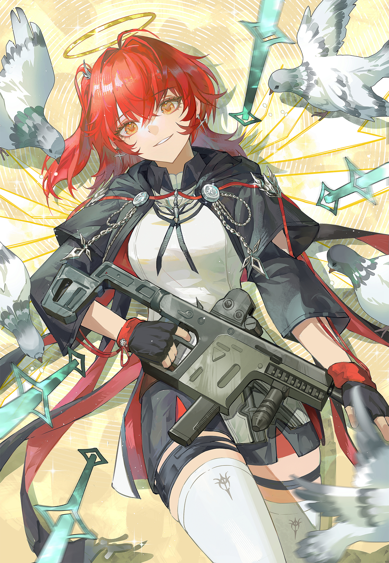 1girl animal arknights bird black_gloves commentary cowboy_shot cross cross_earrings crossed_bangs earrings exusiai_(arknights) exusiai_the_new_covenant_(arknights) finger_on_trigger fingerless_gloves glint gloves grey_bird grin gun hair_between_eyes halo highres holding holding_gun holding_weapon jewelry kriss_vector latin_cross looking_at_viewer lying medium_hair on_back one_side_up red_hair shirt smile solo sparkle submachine_gun symbol-only_commentary thigh_strap thighhighs traditional_halo weapon white_bird white_shirt white_thighhighs yellow_eyes yellow_halo yinhepongpong