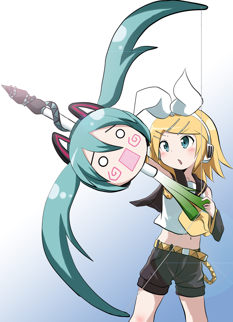 bad_id bad_pixiv_id bow_(weapon) final_form_ride hachune_miku hatsune_miku kagamine_rin kamen_rider kamen_rider_dcd massala parody sailor_collar solo spring_onion vocaloid weapon
