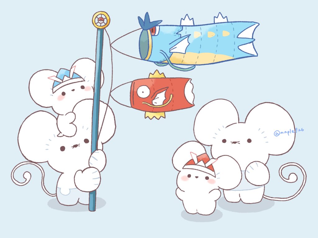 black_eyes blue_background blush climbing commentary_request full_body gen_1_pokemon gyarados kana_(maple926) kodomo_no_hi koinobori magikarp maushold maushold_(family_of_four) nintendo no_humans paper_hat paper_kabuto pokemon pokemon_(creature) pokemon_focus simple_background solid_oval_eyes standing windsock