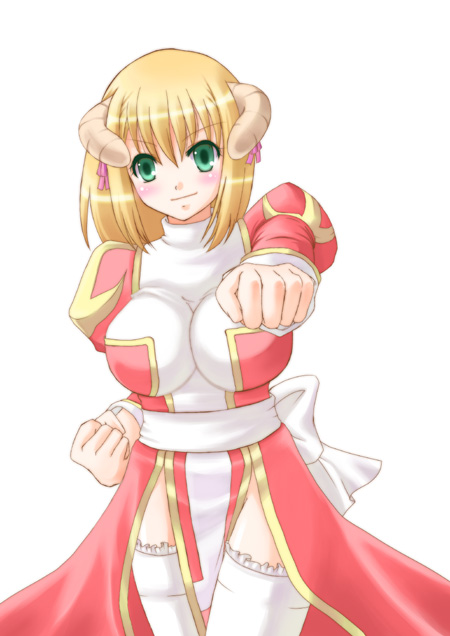 1girl back_bow blonde_hair blush bow breasts brown_horns clenched_hands closed_mouth commentary_request cowboy_shot dress green_eyes hair_bow high_priest_(ragnarok_online) horns impossible_clothes impossible_dress juliet_sleeves kazu_ayase large_breasts long_sleeves looking_at_viewer medium_hair pink_bow puffy_sleeves punching ragnarok_online red_dress sash simple_background smile solo thighhighs two-tone_dress white_background white_bow white_dress white_sash white_thighhighs