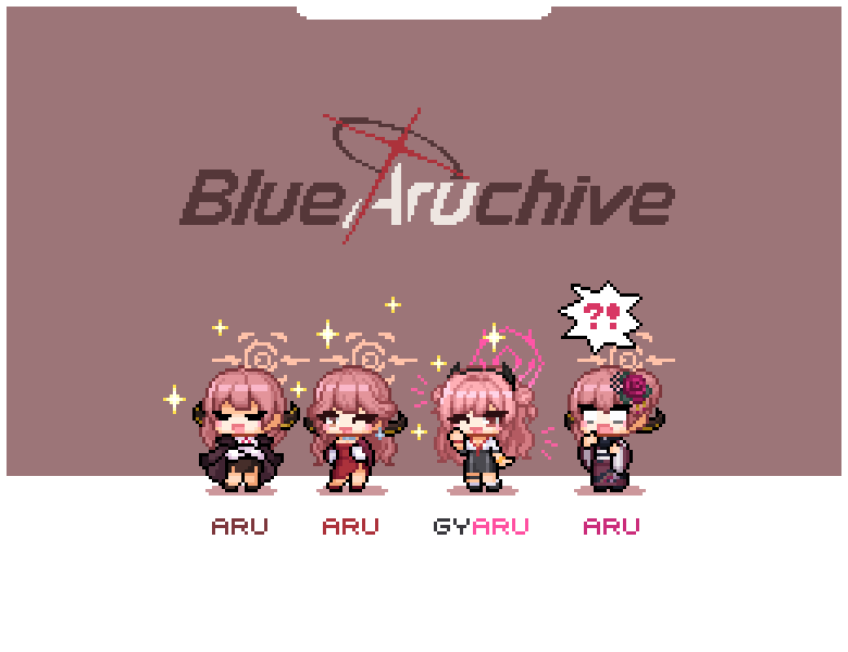 !? 4girls :d ;d aru_(blue_archive) aru_(dress)_(blue_archive) aru_(new_year)_(blue_archive) blue_archive brown_background character_name chibi chibi_only closed_eyes coat coat_on_shoulders commentary copyright_name crossed_arms doyagao dress facing_viewer halo japanese_clothes kimono kirara_(blue_archive) long_hair looking_at_viewer multiple_girls multiple_persona notice_lines one_eye_closed open_mouth pink_hair pink_halo pixel_art pun red_dress redforge school_uniform shirt smile smug sparkle speech_bubble spoken_interrobang standing surprised two-tone_background white_background white_shirt yukata
