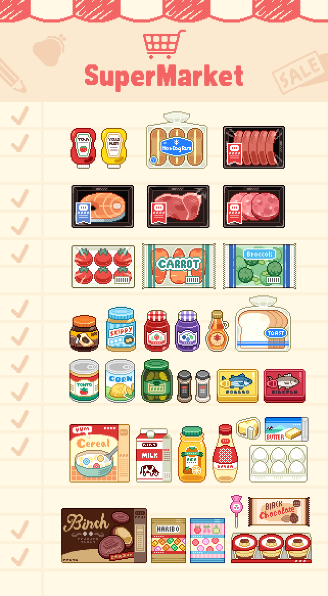 bread bread_slice butter candy carrot cereal chansui_(ginping0602) chocolate corn egg english_text food food_focus gummy_bear haribo ketchup lollipop meat milk mustard no_humans original pickle pixel_art sweets toast tomato vegetable