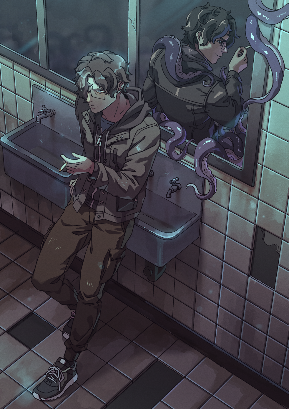 1boy bathroom belt black_footwear black_socks blue_shirt brown_hair brown_jacket cigarette closed_mouth commentary crack different_reflection full_body hair_over_one_eye highres holding holding_cigarette jacket leaning male_focus mirror original pocket rectangular_eyewear reflection shirt short_hair sink socks tentacles tile_floor tile_wall tiles wenny02