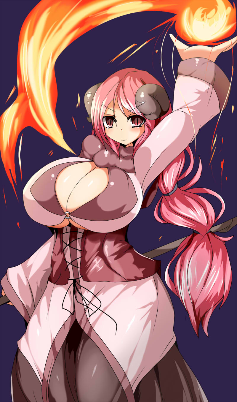 1girl breasts cleavage female_focus fire highres horns huge_breasts long_hair looking_at_viewer magic original pink_eyes pink_hair slit_pupils smile solo staff taku_(yakumodaisuki) very_long_hair