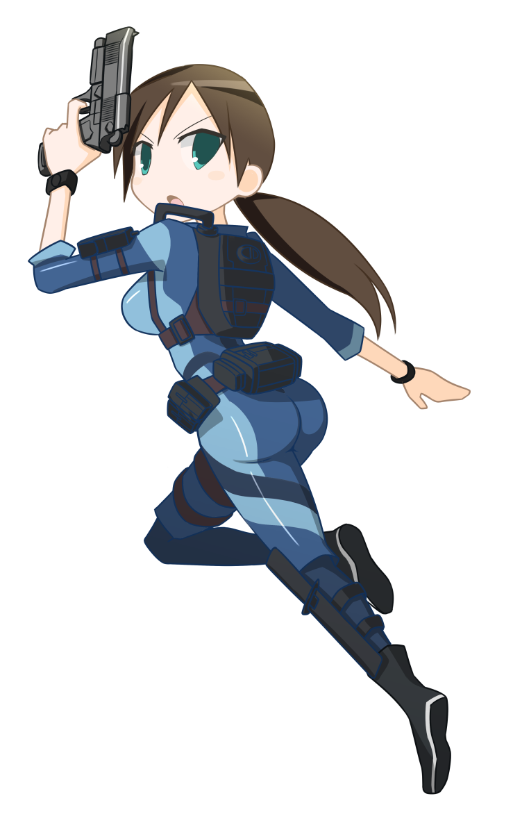 1girl ass blue_eyes blue_wetsuit bodysuit brown_hair diving_suit gun handgun holding holding_gun holding_weapon jill_valentine kakko_madoka long_hair low_ponytail ponytail resident_evil resident_evil:_revelations weapon wetsuit