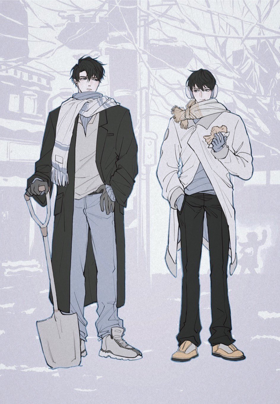 2boys animal black_coat black_gloves black_hair blue_gloves coat curtained_hair earmuffs fish full_body gloves hand_on_own_hip highres holding holding_animal holding_fish holding_shovel house kim_dokja looking_at_another multiple_boys omniscient_reader&#039;s_viewpoint outdoors people power_lines railing raya_(000_unseen) scarf short_hair shovel silhouette snow snowball snowball_fight white_coat white_scarf winter yellow_scarf yoo_joonghyuk