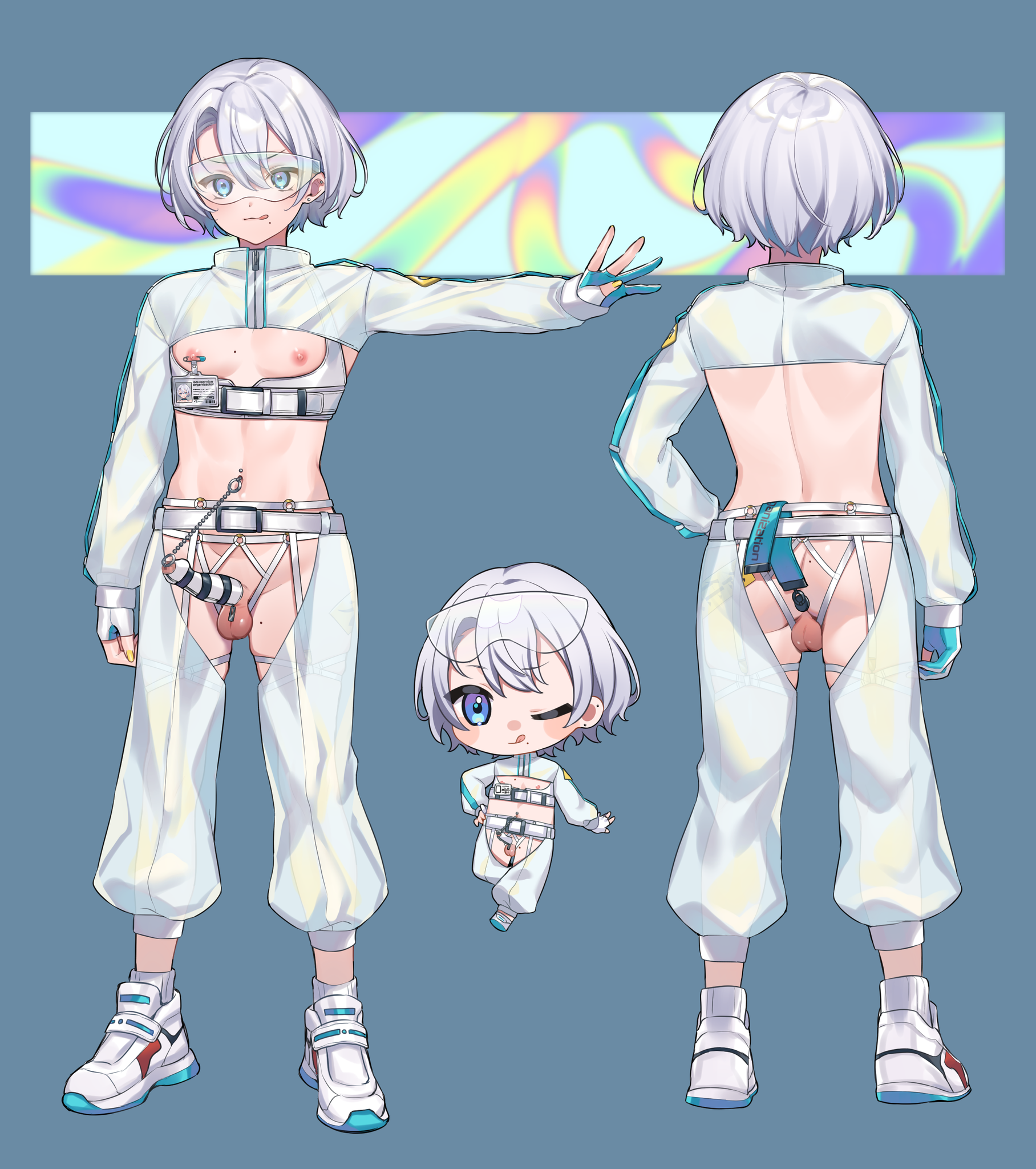 1boy :q anal anal_object_insertion ass back butt_plug chaps chibi commission earrings facing_away facing_viewer full_body gloves grey_hair highres id_card jacket jewelry kan'yu_(citron_82) male_focus mole mole_on_ass mole_on_thigh mole_under_mouth nail_polish navel_piercing nipple_piercing nipples o-ring object_insertion one_eye_closed original partially_fingerless_gloves penis penis_piercing penis_sheath piercing reference_sheet revealing_clothes safety_glasses safety_pin safety_pin_piercing sex_toy shoes skeb_commission sneakers solo standing testicles toned toned_male tongue tongue_out trap white_jacket white_shoes yellow_nails