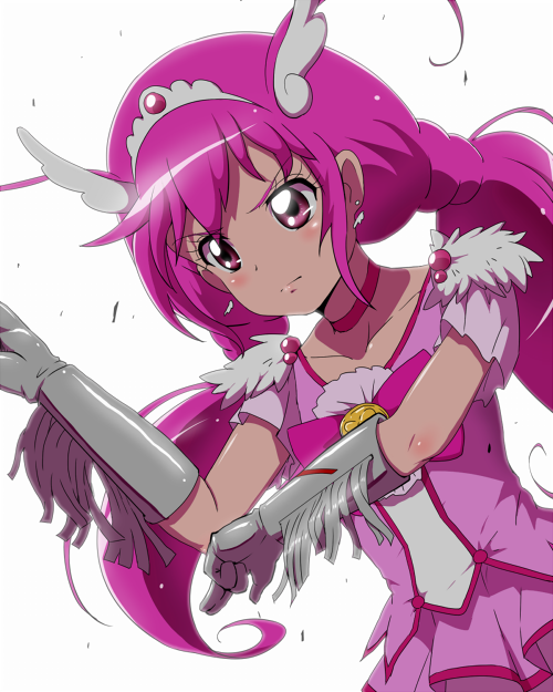 1girl bow cure_happy eyelashes female_focus gloves hoshizora_miyuki kamen_rider kamen_rider_super-1_(series) magical_girl parody pink_bow pink_eyes pink_hair pink_skirt pink_theme precure skirt smile_precure! solo tiara tj-type1 twintails white_background