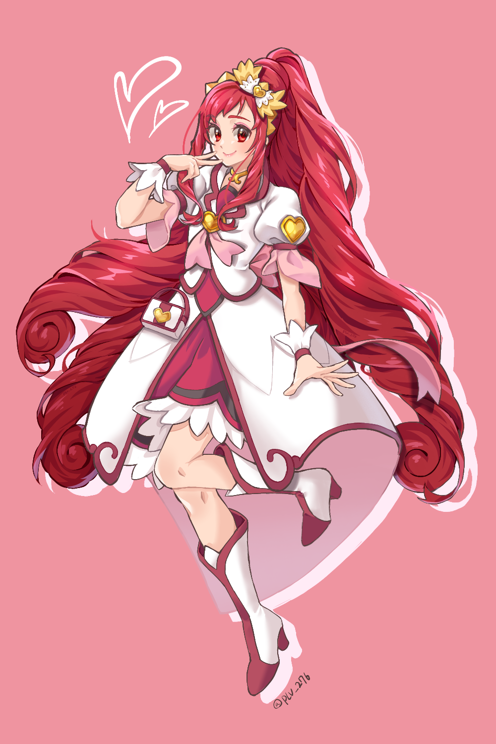 1girl boots bow brooch choker closed_mouth coat cure_ace curly_hair dokidoki!_precure dot_nose full_body hair_bow hair_ornament heart heart_brooch heart_hair_ornament highres jewelry knee_boots long_hair looking_at_viewer madoka_aguri magical_girl plv_276 precure red_background red_eyes red_hair red_skirt ringlets sidelocks simple_background skirt smile solo twitter_username white_boots white_coat white_wrist_cuffs wrist_cuffs yellow_choker