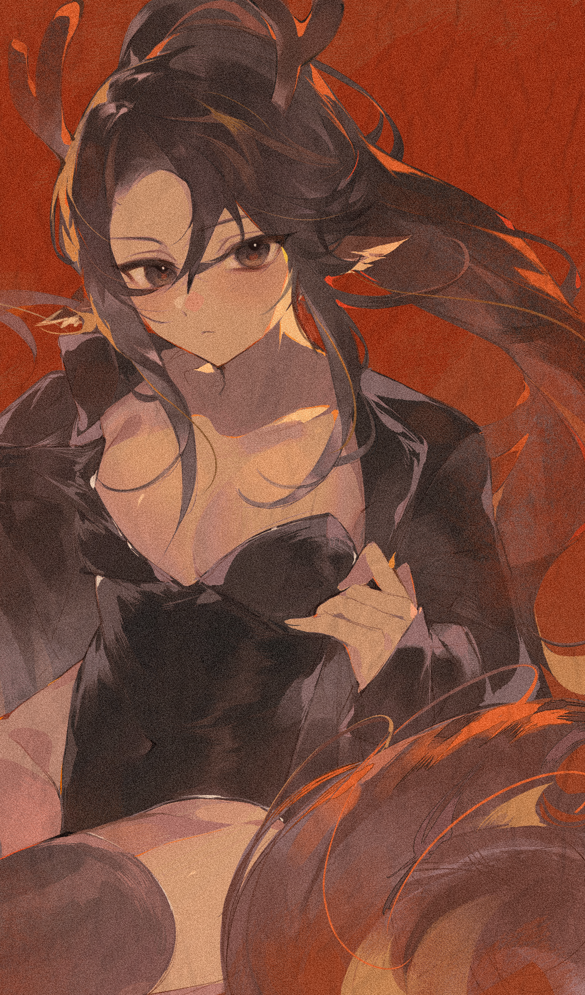 1girl adjusting_bra adjusting_clothes alternate_costume analogous_colors animal_ears antlers black_dress black_jacket bra breasts brown_hair caramel_arrow_cookie cleavage cookie_run cookie_run:_kingdom covered_navel curtained_hair deer_ears dress film_grain highres horns humanization jacket long_hair non-deformed ponytail red_background reindeer_antlers shu_(pjxv7485) small_breasts solo underwear upper_body very_long_hair wind