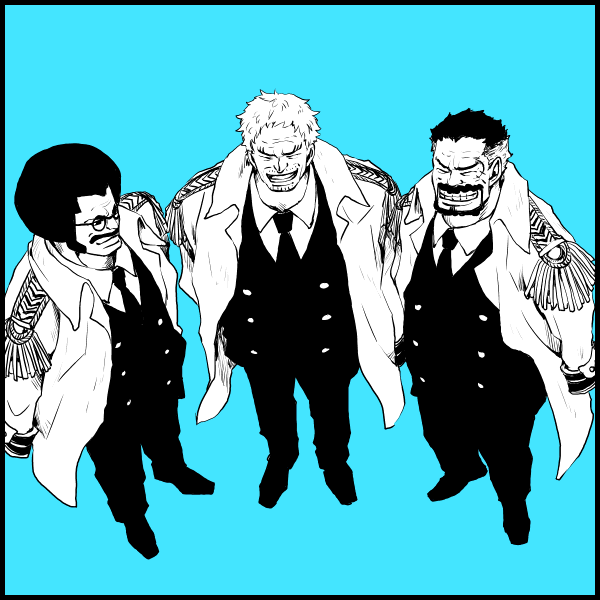 3boys ^_^ aged_down beard beard_stubble blue_background closed_eyes coat coat_on_shoulders collared_shirt commentary_request epaulettes erina_(canaliheath) facial_hair formal_clothes full_body greyscale_with_colored_background male_focus monkey_d._garp multiple_boys necktie one_piece scar scar_on_face sengoku_(one_piece) shirt sideburns simple_background stubble suit zephyr_(one_piece)