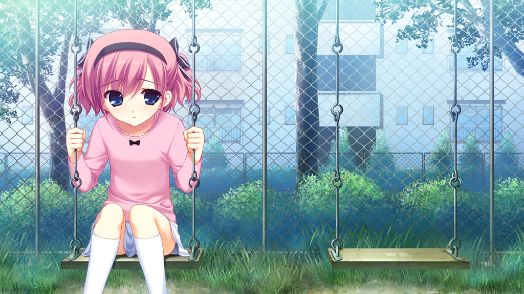 1girl aged_down black_bow black_hairband blue_eyes bow building chain-link_fence collarbone day feet_out_of_frame fence frilled_bow frills fumio_(ura_fmo) game_cg grass grisaia_(series) grisaia_no_kajitsu hair_bow hairband holding kneehighs large_variant_set long_sleeves looking_to_the_side non-web_source on_swing outdoors parted_lips pink_hair pink_shirt shirt short_hair sitting skirt socks solo swing t-shirt tree two_side_up variant_set white_skirt white_socks