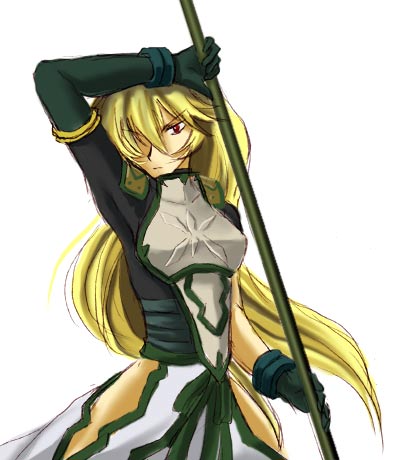 .hack// .hack//games 1girl armor bandai black_gloves breastplate cyber_connect_2 elbow_gloves female_focus gardenia gardenia_(.hack//) gloves holding holding_weapon long_hair looking_at_viewer lowres polearm red_eyes simple_background solo very_long_hair weapon white_background