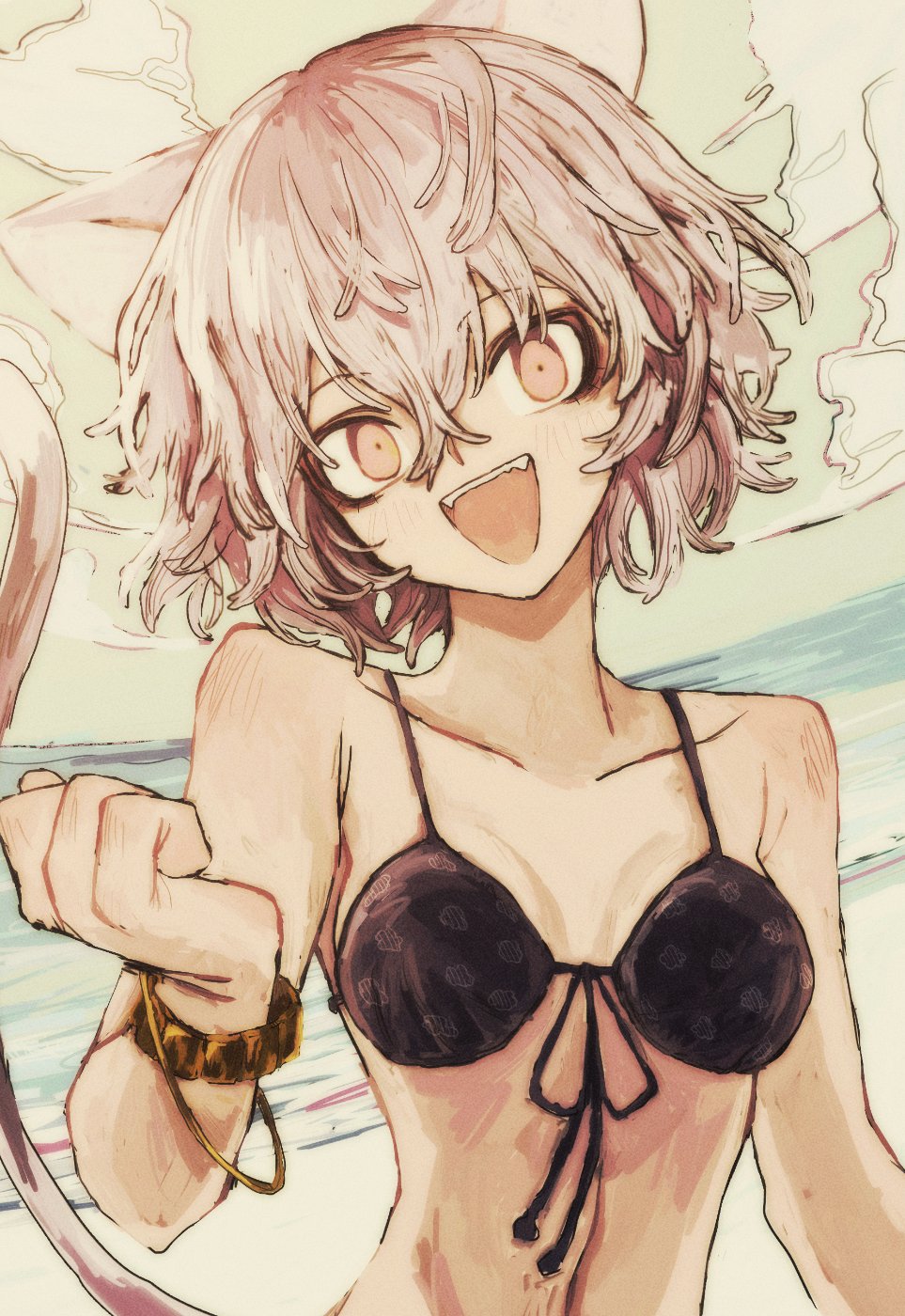 1girl beach cat_girl cat_tail collarbone highres hunter_x_hunter maikeru_(dk_maikel) neferpitou ocean short_hair solo swimsuit tail