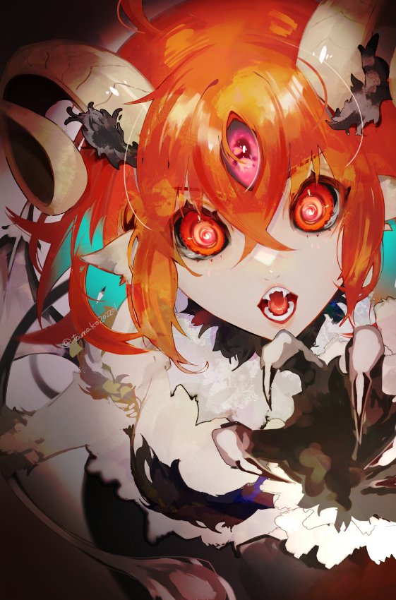 1girl @_@ blue_hair body_fur breasts claws curled_horns dark_young_(fate) demon_girl demon_horns demon_wings fang fangs fate/grand_order fate_(series) fujimaru_ritsuka_(female) fur_trim hair_between_eyes hanako_(onikutabetaiyo) horns medium_breasts medium_hair monsterification open_mouth orange_eyes orange_hair purple_eyes tail third_eye wings