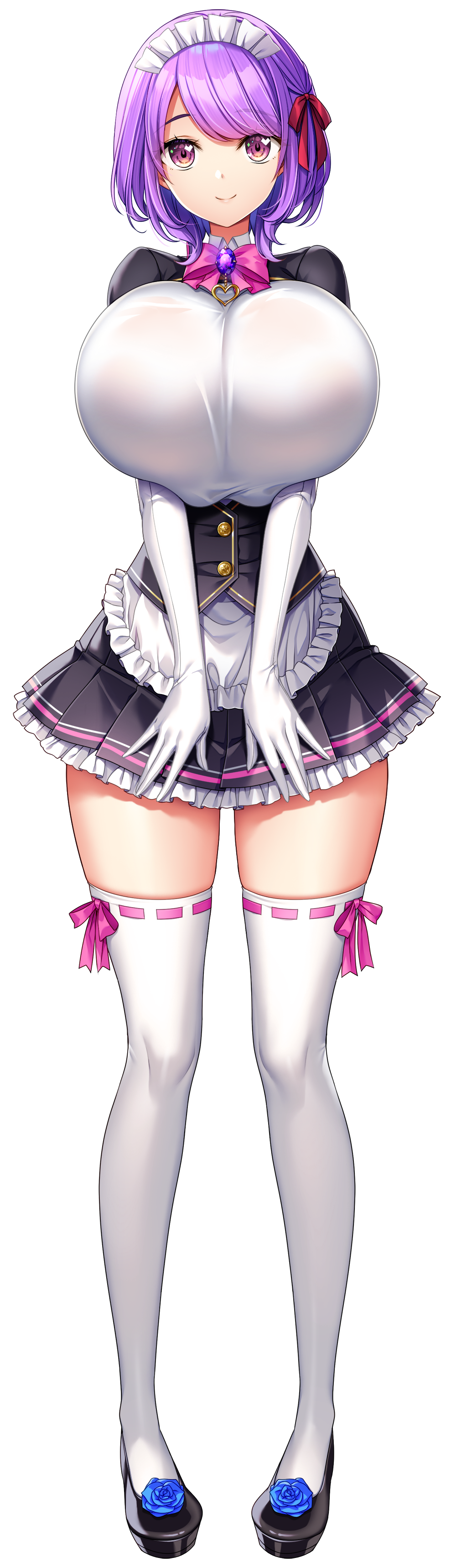 1girl absurdres akagi_rio apron black_shoes bow bowtie breasts breasts_squeezed_together closed_mouth collar_jewel dress elbow_gloves femme_de_menage_maid_academy_uniform flower footwear_flower frilled_apron frills full_body game_cg gem gloves hair_ribbon hands_on_own_thighs high_heels highres huge_breasts liliera_loveknot looking_at_viewer maid maid_apron maid_headdress medium_hair milk_factory motto!_haramase!_honoo_no_oppai_isekai_oppai_maid_gakuen! non-web_source official_art pink_bow pink_bowtie puffy_short_sleeves puffy_sleeves purple_brooch purple_eyes purple_gemstone purple_hair red_ribbon ribbon ribbon-trimmed_thighhighs ribbon_trim shoes short_sleeves skindentation smile solo sprite standing tachi-e thighhighs transparent_background waist_apron white_apron white_gloves white_thighhighs