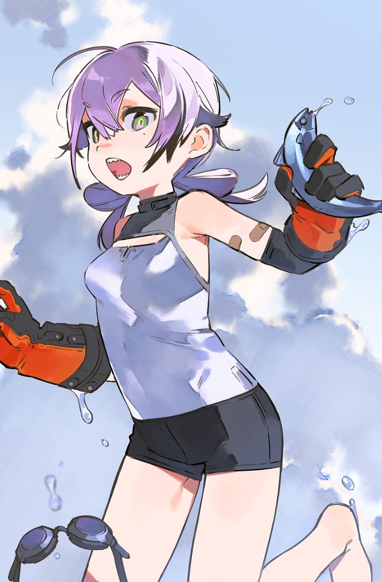 bandaid bare_legs blue_sky cascadia_(neural_cloud) cloud cloudy_sky fish folded_twintails girls&#039;_frontline girls&#039;_frontline_neural_cloud gloves goggles green_eyes ierotak low_twintails mole mole_under_eye open_mouth orange_gloves purple_hair sharp_teeth sky swim_goggles swimsuit teeth twintails water_drop work_gloves