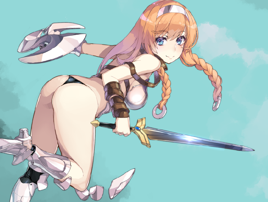 1girl armor ass black_panties blue_eyes boots braid hairband high_heel_boots high_heels holding holding_sword holding_weapon leina_(queen&#039;s_blade) looking_back nishii_(damnedrive) orange_hair panties queen&#039;s_blade queen&#039;s_blade_unlimited revealing_clothes shield shiny_skin smile solo sword thong twin_braids underwear weapon