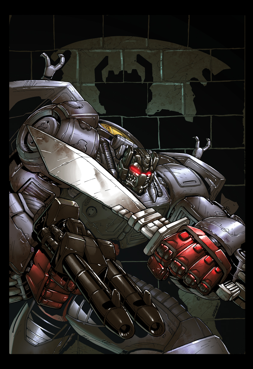 artist_collaboration assault_visor autobot black_border border comic_cover commentary cover_image english_commentary glowing glowing_eyes grimlock highres holding holding_sword holding_weapon kieran_oats marcelo_matere mecha mecha_focus no_humans official_art red_visor robot science_fiction shadow solo sword the_transformers_(idw) transformers weapon western_comics_(style)