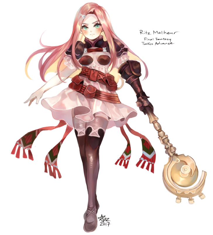 1girl armor aubz closed_mouth dress final_fantasy final_fantasy_tactics_advance full_body gloves green_eyes hair_ornament hairclip long_hair looking_at_viewer pink_hair ritz_malheur simple_background skirt solo thighhighs weapon white_background