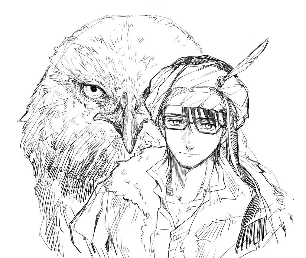 1boy bird commentary eagle facial_hair fate_(series) fur-trimmed_jacket fur_trim glasses greyscale hat_feather heki0529 jacket looking_at_viewer male_focus mehmed_ii_(fate) monochrome open_collar shirt short_hair simple_background smile solo stubble turban upper_body white_background