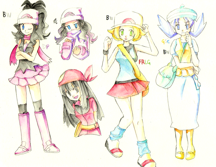 4girls alternate_costume bad_id bad_pixiv_id bag bandana beanie bianca_(pokemon) bianca_(pokemon)_(cosplay) black_hair blonde_hair blue_hair boots cosplay dawn_(pokemon) dawn_(pokemon)_(cosplay) dress hat hilda_(pokemon) kris_(pokemon) kurara_ark leaf_(pokemon) leaf_(pokemon)_(cosplay) long_hair may_(pokemon) may_(pokemon)_(cosplay) multiple_girls nintendo pantyhose pink_boots pokemon pokemon_bw pokemon_dppt pokemon_frlg pokemon_gsc pokemon_rse scarf short_hair skirt traditional_media twintails winter_clothes