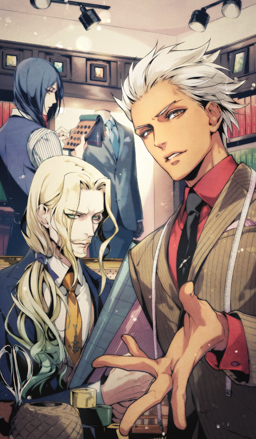 3boys archer_(fate) beard black_hair black_jacket black_necktie black_suit blonde_facial_hair blonde_hair brown_jacket brown_suit buttons closed_mouth collared_shirt commentary curtained_hair dark-skinned_male dark_skin dress_shirt facial_hair fate/grand_order fate_(series) formal_clothes gradient_hair green_eyes green_hair grey_vest hair_slicked_back hair_tie holding indoors jacket lapels long_hair looking_at_viewer looking_to_the_side low_side_ponytail male_focus mannequin multicolored_hair multiple_boys mustache necktie notched_lapels offering_hand official_alternate_costume official_art orange_eyes orange_necktie paracelsus_von_hohenheim_(fate) parted_lips pinstripe_pattern pinstripe_shirt pinstripe_suit red_shirt scissors shirt short_hair sidelocks suit tape_measure third-party_source usuba_kagero_(initiative) vest vlad_iii_(fate/apocrypha) waistcoat white_hair white_shirt wing_collar
