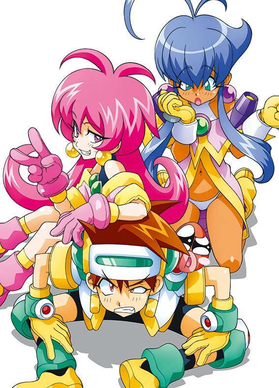 1990s_(style) 1boy 2girls baba_lemonade cacao_(lamune) dark-skinned_female dark_skin earrings gloves jewelry kotobuki_tsukasa long_hair looking_at_viewer multiple_girls navel ng_knight_lamune_&amp;_40 official_art open_mouth panties parfait_(lamune) pink_gloves pq_(lamune) retro_artstyle simple_background smile underwear v vs_knight_lamune_&amp;_40_fire white_background white_panties