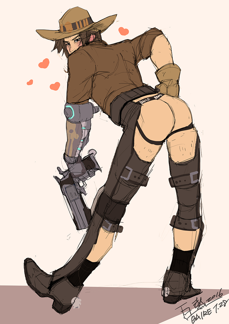 1boy ass baire body_hair boots cassidy_(overwatch) cowboy full_body gun hat male_focus overwatch overwatch_1 solo weapon western