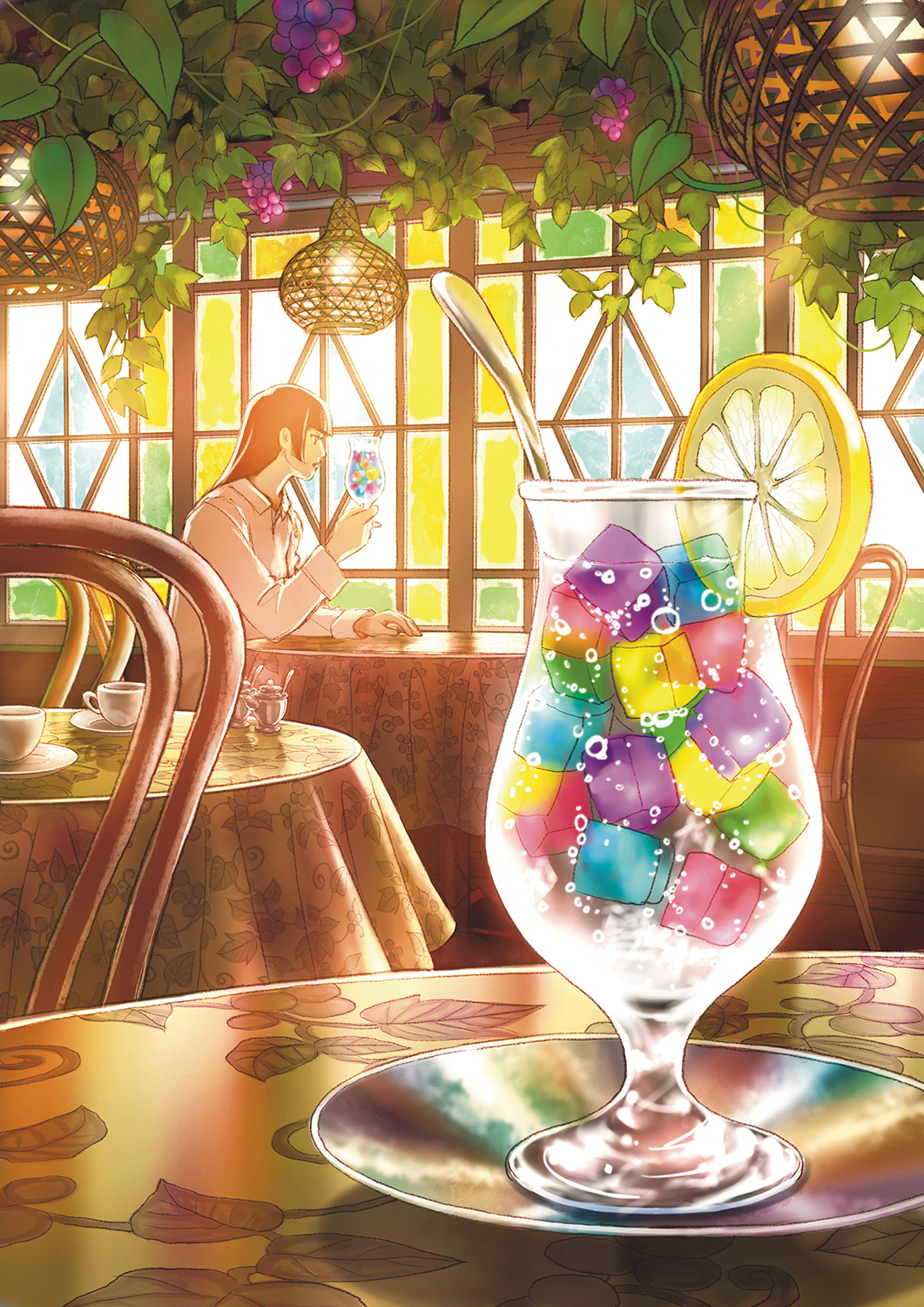 1girl amber_sugar black_hair cafe chair closed_mouth commentary cup day drink drinking_glass food fruit grapes hand_on_table hanging_lantern highres holding holding_cup holding_drink indoors lemon lemon_slice long_hair long_sleeves looking_to_the_side on_chair original plant saucer shirt solo spoon stained_glass sunlight table tablecloth vines white_shirt window wooden_chair yukoiwase