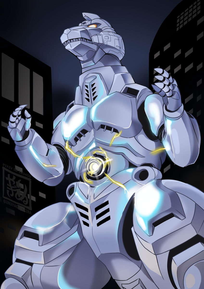 city electricity energy energy_cannon energy_weapon glowing glowing_eyes godzilla_(series) godzilla_vs._mechagodzilla_ii highres inu_yagi kaiju mecha mechagodzilla military missile_launcher plasma plasma_cannon plasma_grenade_(godzilla) robot sparks stomach_cannon toho