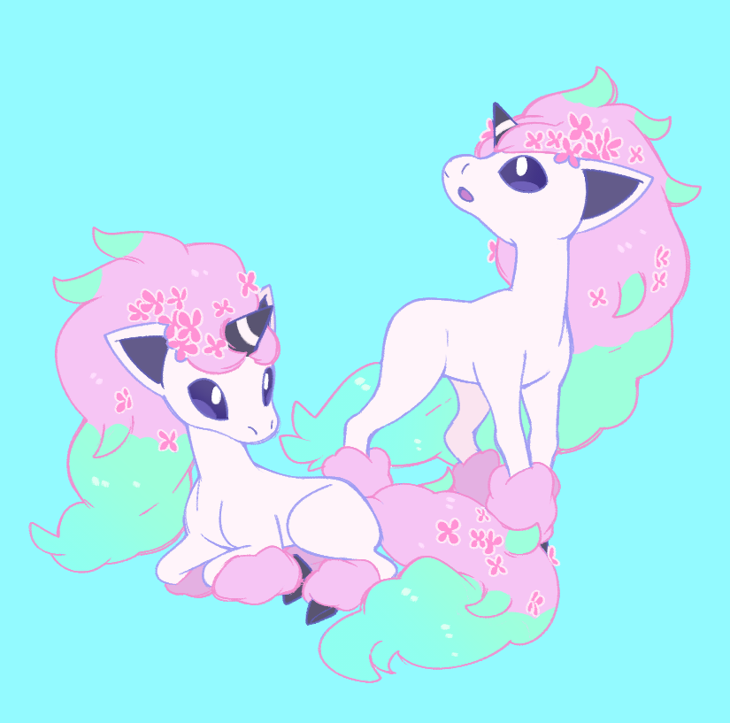 animal_focus flower galarian_form galarian_ponyta gen_8_pokemon green_hair hooves long_hair looking_up lying nintendo no_humans pink_hair pokemon pokemon_(creature) purple_eyes solo unicorn vergolophus