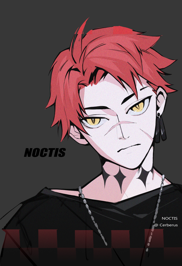 18_kawaki 1boy black_background black_shirt character_name cross_tattoo earrings facial_scar jewelry neck_tattoo noctis_(pgr) parted_bangs punishing:_gray_raven red_hair scar scar_on_cheek scar_on_face shirt short_hair slit_pupils solo tassel tassel_earrings tattoo yellow_eyes